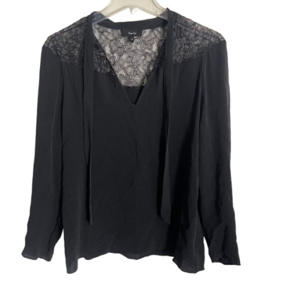 Women’s Theory Lace Yoke 100% Silk Shell Blouse Black Top Size Medium! - Picture 4 of 6